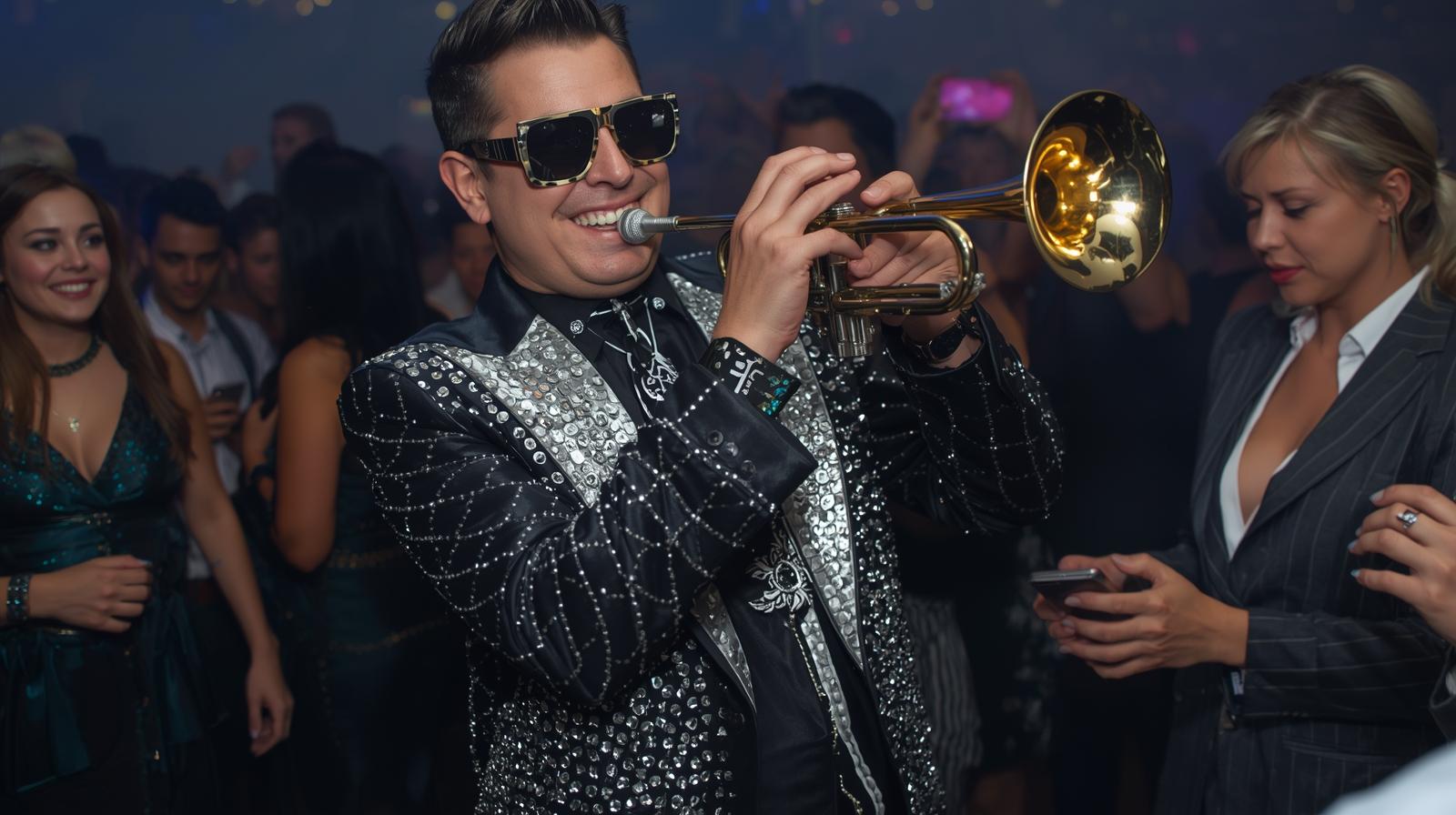trompetista com figurino mais ousado, com pelotó metalico e brilhos sutis, tocando rock e pop, performance itinerante entre os convidados.jpg